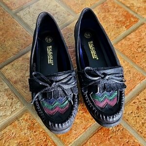 Walkables Black Leather Fringe Loafers with Multicolor Chevron Accent